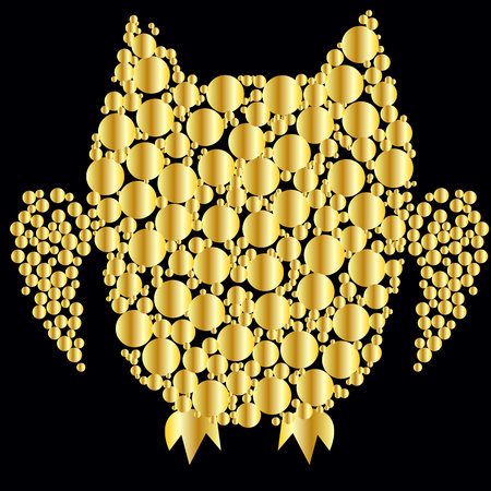 An owl consisting of gold plates on a black background. The symbol of wealth, wisdomのイラスト素材
