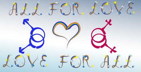 All for love, love for all. A heart drawn by a rainbow and symbols of male and female same-sex relationships. Rainbowのイラスト素材