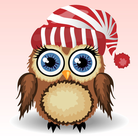 A little cute owl in a red and white hat with a pompon, a winter owl, shelter from the coldのイラスト素材