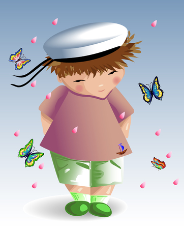 A sailor boy in a white naval hat, a green T-shirt with a painted anchor, shorts on a light background. Recreation,のイラスト素材