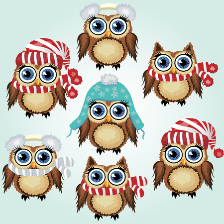 Set of seven little cute owl in fluffy, soft headphones from the cold, caps and scarfのイラスト素材