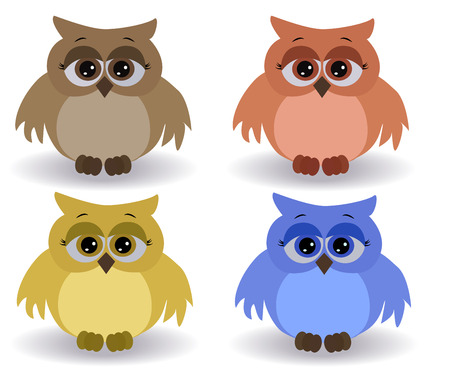 A set of four sad multicolored owls with surprised eyes and spread out wingsのイラスト素材