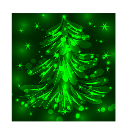 New Year / Christmas Tree Composed of Shiny Lights / Stars Isolated on Green Backgroundのイラスト素材