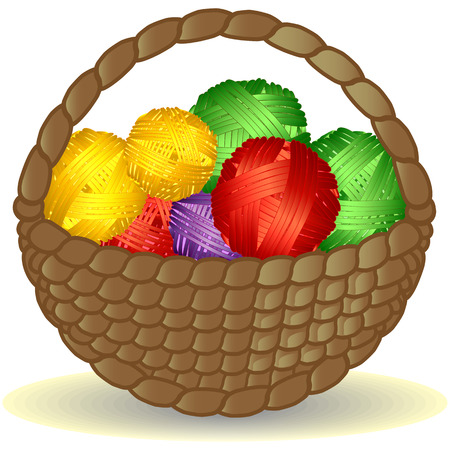 Basket from the vine with a handle full of coils of multicolored yarn, threadのイラスト素材