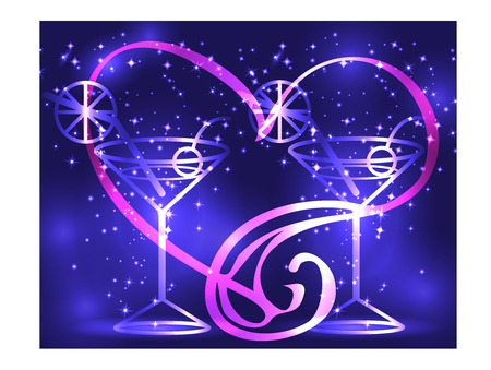 Golden outline of two wine glasses with a cocktail on a blue background framed by a heart, disco, club, neon glow, coupleのイラスト素材