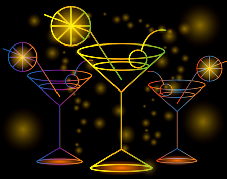 Three bright glasses of cocktail on a black background with stars and lights, disco, club, neon glowのイラスト素材