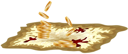 A pirate old card on a yellow parchment with blood stains on it with coins, encrypted messagesのイラスト素材