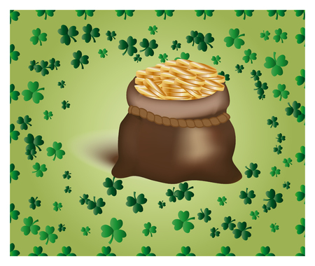 Greeting Card St. Patrick with sparkling gold coins and green clover leaves and a leather bag of moneyのイラスト素材