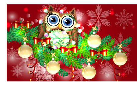 Lovely cartoon owl tangled in a garland of glowing light bulbs on a spruce branch decorated with balls, garlands. Christmas cardのイラスト素材