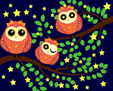 Bright cute cartoon owls are sitting on the flowering branches of fantastic trees at night among the starsのイラスト素材