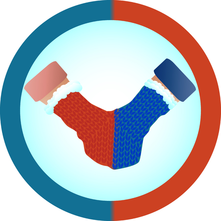 The concept of love and relationship is one mittens for two. Red and blue mittens for two as a symbol of hetero-relationships, sympathy for men and women.のイラスト素材