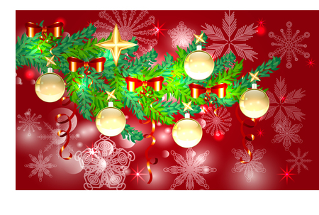 A red Christmas background with snowflakes, coniferous branches, decorated with balls, stars, ribbons.のイラスト素材