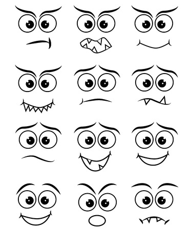 Cartoon faces expression line icons set. Set of emoticons or emoji illustration line icons. Smile icons line art isolated vector illustration on white backgroundのイラスト素材