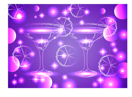 Golden outline of glasses with a cocktail on a pink background with stars and lights, disco, club, neon glowのイラスト素材