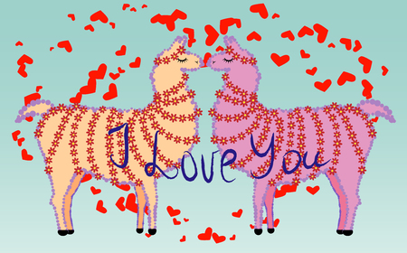 Two lovers, kissing llamas surrounded by hearts. Love is in the air. Inscription I love you, postcard, Valentine's dayのイラスト素材