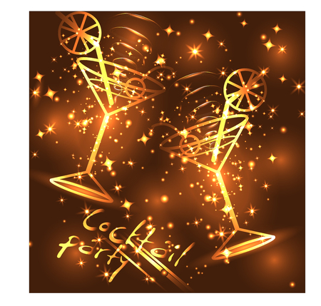 Golden outline of glasses with a cocktail on a brown background with stars and lights, disco, club, neon glowのイラスト素材