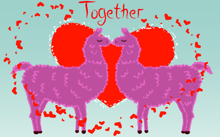 Two lovers kissing llamas surrounded by hearts. Love is in the air. Inscription Together in surrounded by lesser hearts, postcard, Valentine's dayのイラスト素材