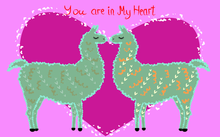 Two lovers, kissing llamas surrounded by hearts. Love is in the air. Inscription You in my heart, postcard, Valentine's dayのイラスト素材