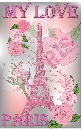 Vintage France poster design. Vector romantic background with Eiffel tower and roses. Inscription Parisのイラスト素材