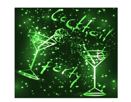 Golden outline of glasses with a cocktail on a green background with stars and lights, disco, club, neon glowのイラスト素材