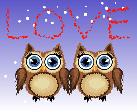 Two loving owls, a pair, touch their wings, on a background. Concept Two hearts. The inscription love.のイラスト素材