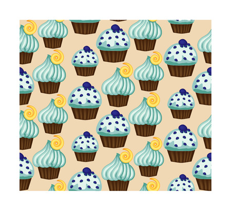 Seamless pattern of appetizing cupcakes with blue creamのイラスト素材