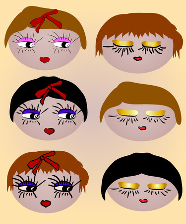 Six women's faces with bright make-up, bows, hairstyles. Caricature, emotions, beauty, fashionのイラスト素材