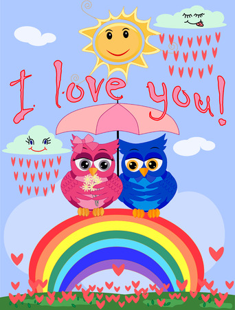 Two bright, cartoon, beautiful owls pink and blue, a girl and a boy with beautiful eyes are sitting under an umbrella on a seven-colored rainbow hiding from the rain. Inscription of I love you, postcard.のイラスト素材