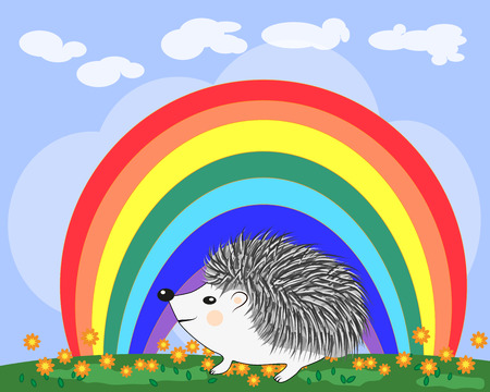 Lovely cartoon hedgehog near the seven-colored rainbow in a clear, sunny cheer, a summer dayのイラスト素材