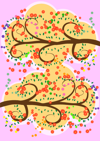 Nature background with blossom branch of pink flowers and butterfly. Vector illustration.のイラスト素材