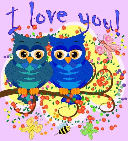 Two blue-eyed, owl-owl-boys sit on the flowering branch of a tree, love is in the air. The inscription I love you. Concept of homosexual male love, postcardのイラスト素材