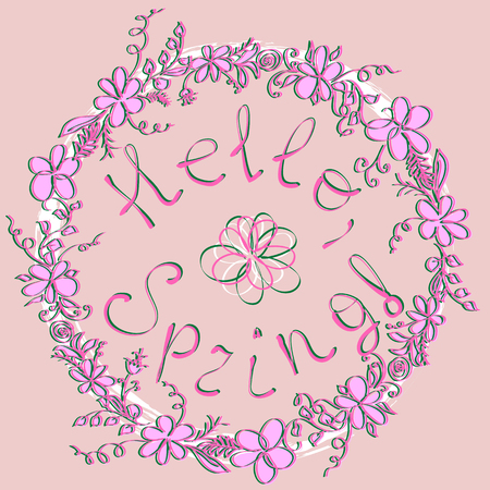Hello spring greeting card. Flower wreath and lettering.のイラスト素材