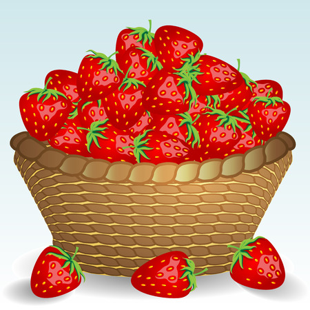 Wicker basket without a handle, a bowl full of berries, strawberries, strawberries scattered near.のイラスト素材