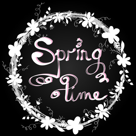 Spring postcard. Flower frame with the inscription Spring timeのイラスト素材