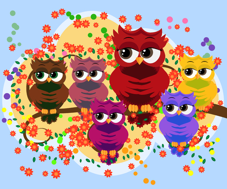 A family of colorful, bright, lovely cartoon owls on the branches of flowering trees. Moms, dads, children. Cardのイラスト素材