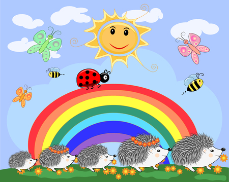 A family of five cute cartoon hedgehogs and a ladybird on top of the rainbow in a sunny day.のイラスト素材