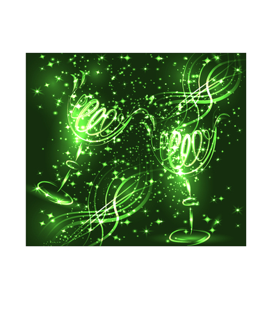 Contour of a glass with a cocktail on an emerald, green background with stardust effect.のイラスト素材