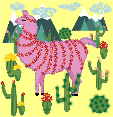 Vector cute Alpaca. Llama animal and cactus.のイラスト素材