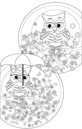 Coloring book for adult and older children. Coloring page with cute owl and flowers, outline drawing.のイラスト素材