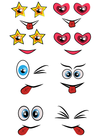 Cartoon faces expression line icons set. Set of emoticons or emoji illustration line icons. Smile icons line art isolated vector illustration on white background.のイラスト素材