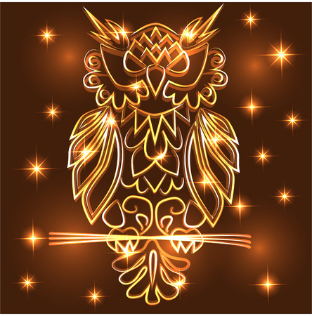 Fantasy mystical gold owl, neon color, psychedelic vintage style isolated pattern.のイラスト素材