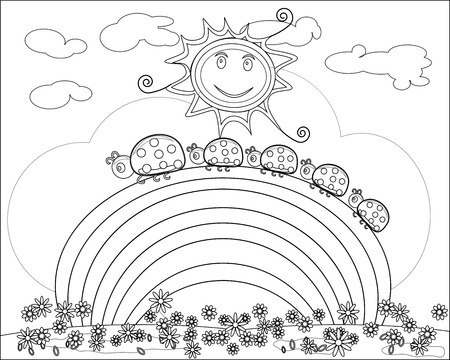 Coloring book for adult and older children. Coloring page with ladybirds crawling along the rainbow. Outline drawingのイラスト素材