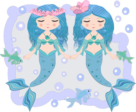 Two cartoon, pretty mermaid, girlfriend, princess of the sea, siren, with blue hair, closed eyes and a forked tailのイラスト素材
