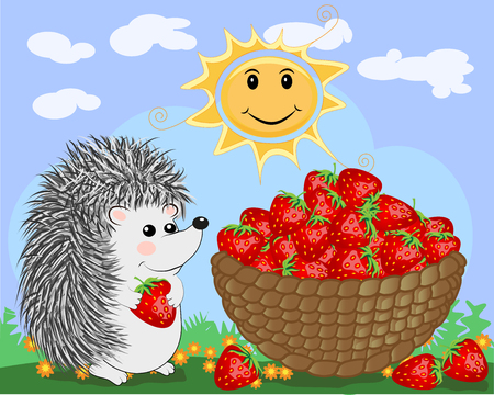 A cute little hedgehog in the clearing next to a huge basket of ripe juicy strawberries.のイラスト素材