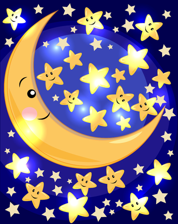 Half moon vector concept. Crescent and stars illustration. Night time backgroundのイラスト素材