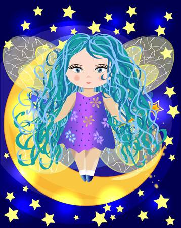 Fairy sitting on a moon with stars accent.のイラスト素材