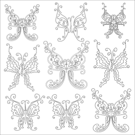 Coloring book for adult and older children. Coloring page. Outline drawing. Decorative butterfly in frame.のイラスト素材