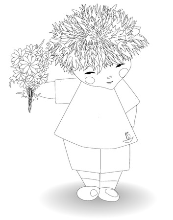 Coloring for adults and children. Boy with a bouquet of flowersのイラスト素材