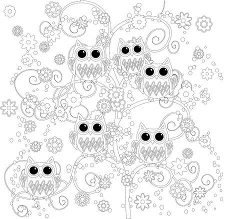 Coloring book for adult and older children. Coloring page with cute owl and flowers. Outline drawingのイラスト素材