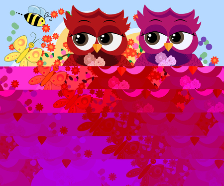A family of colorful, bright, lovely cartoon owls on the branches of flowering trees. Moms, dads, children. Cardのイラスト素材